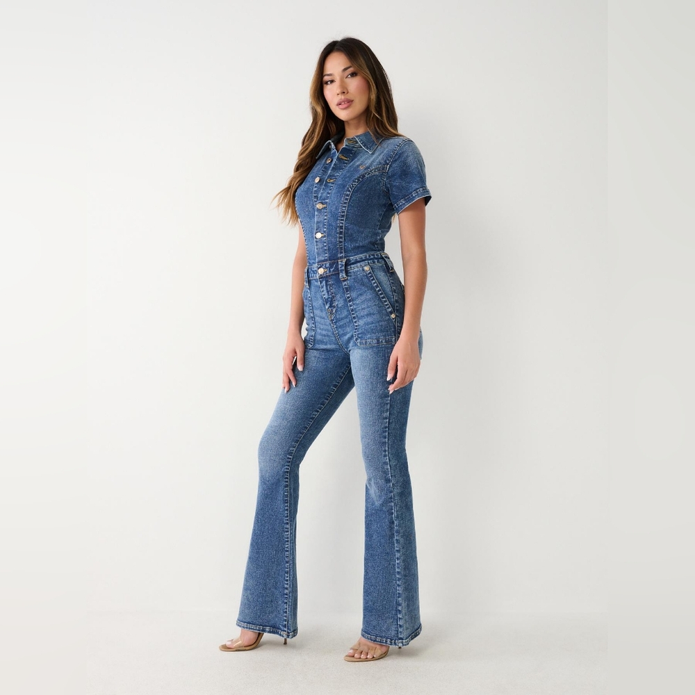 TRUE RELIGION DENIM FLARE JUMPSUIT SIZE SMALL COLOR GHOST WAVE - Picture 6 of 16